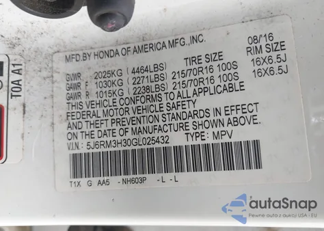 2016 Honda Cr-V Lx из США, поврежденный, VIN 5J6RM3H30GL025432